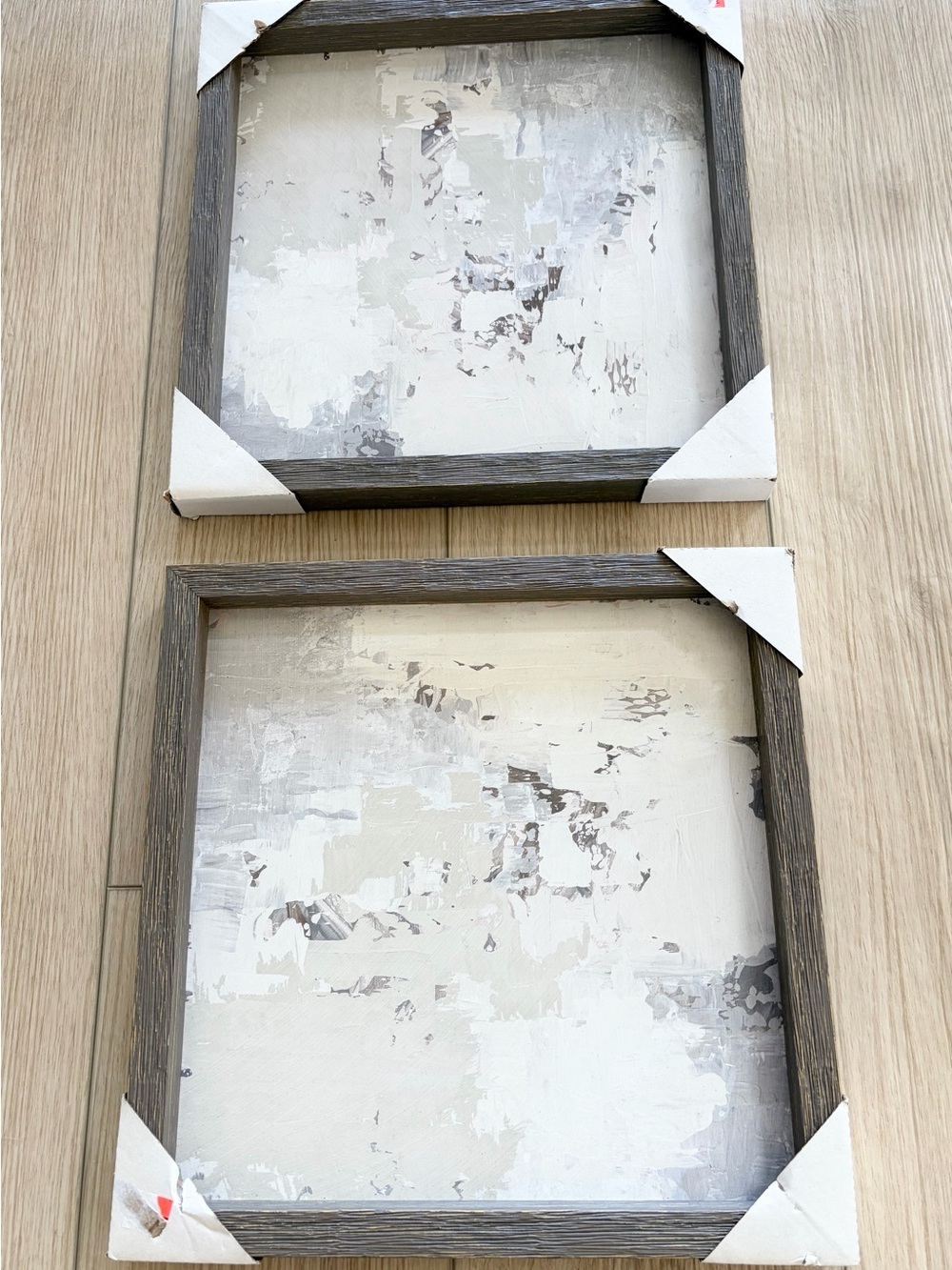 Neutral Abstract Canvas Wall Art Pair with Weathered Wood Frames 13” x 13”